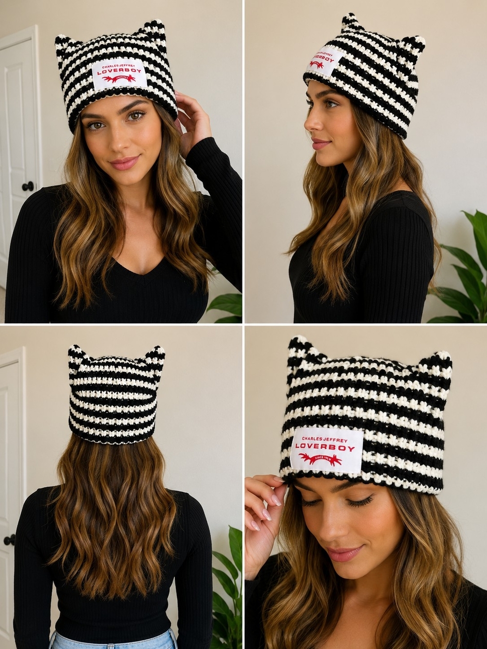 Black & White Striped Cat Ear Beanie